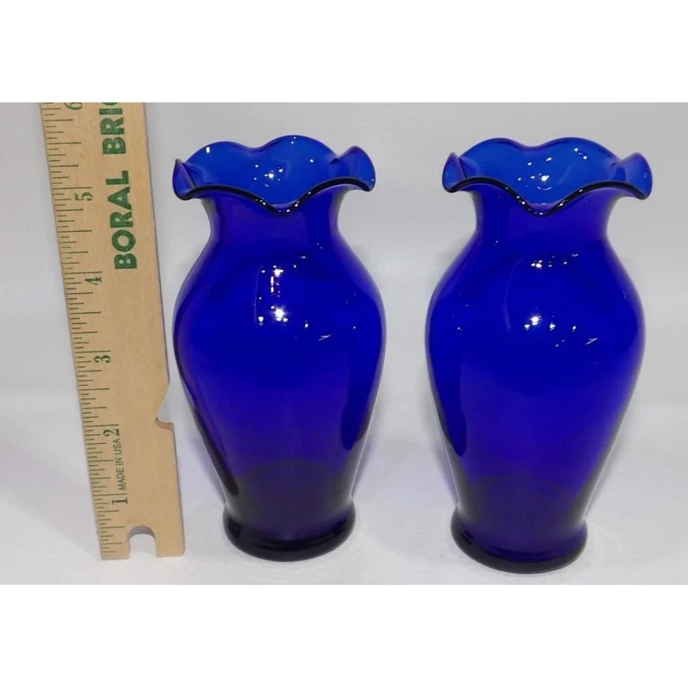 Cobalt Blue Glass Vases Set of 2 Ruffled Rim 5 Inch Decorative Flower Vessels